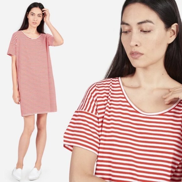 Everlane The Cotton Striped Tee Dress Red White Size XXS Round Neck Casual Mini - Picture 1 of 9